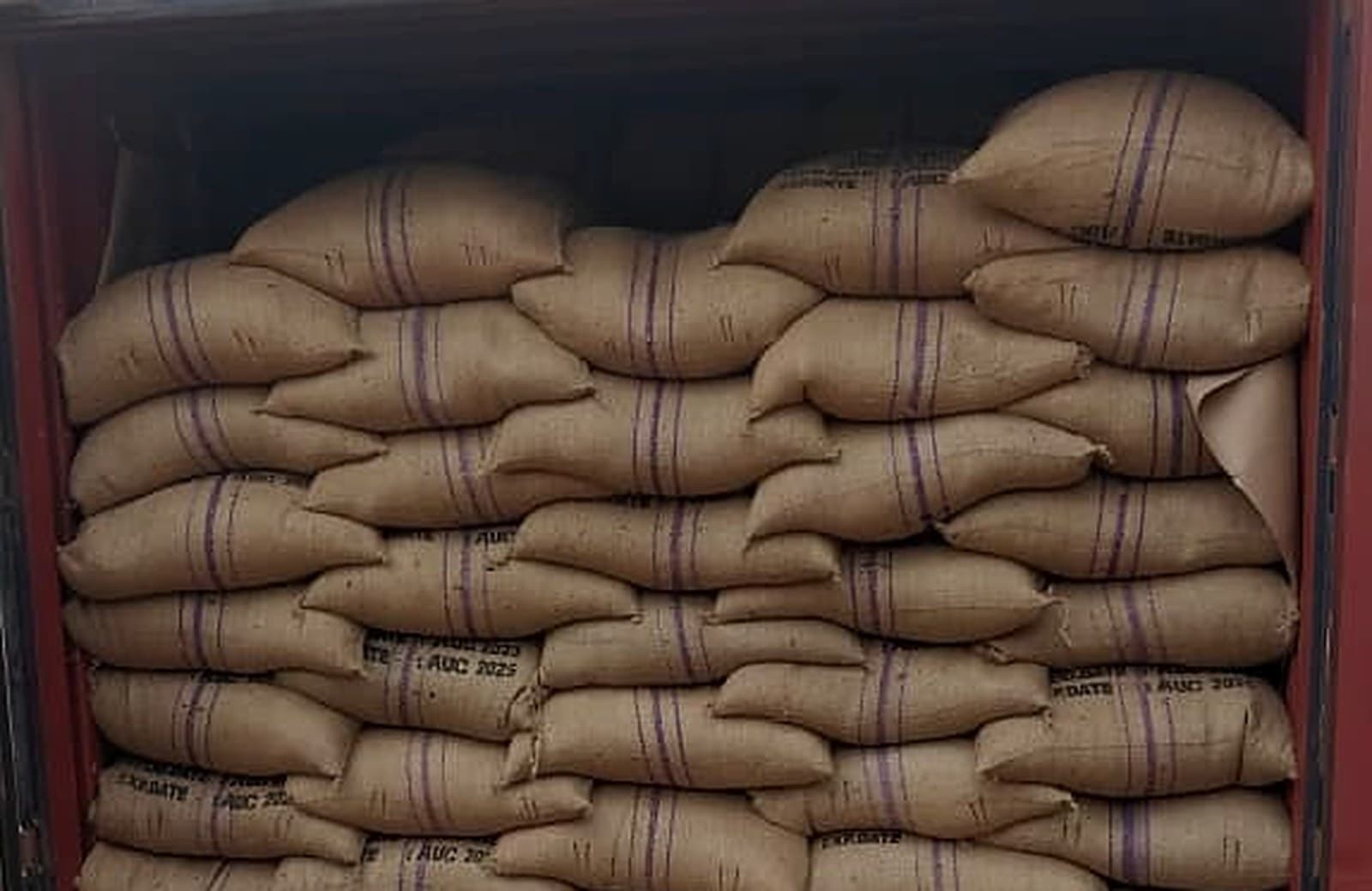 Bulk coffee export sacks packed in shipping container